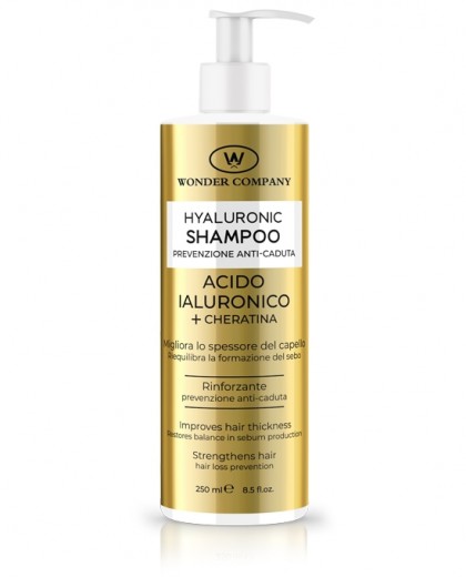 Hair loss shampoo <p>Hyaluronic Acid's Shampoo with 4 molecular weights, it acts at different levels of hair and skin's depth.<br />
Enriched with specific active ingredients such as Green Tea Extract, Vitamin B6 and Panthenol.</p>

<p> <br />
 </p>

<ul>
	<li>Strengthening, it increases the thickness of the hair</li>
	<li>Loss prevention action on hair and skin</li>
	<li>Balances the formation of sebum</li>
</ul>
 WONDER COMPANY