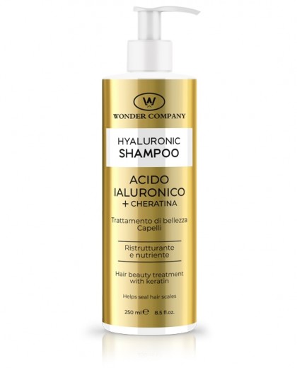 Hair nourishing restructuring shampoo<p>Hyaluronic Acid's Shampoo with 4 molecular weights, it acts at different levels of hair and skin's depth.<br /> Shine and protection in a formulation enriched with Vitamin C and natural phytocomplex.</p><p> <br /></p><ul><li>Restructuring with protective action against hair stresses such as chemical agents, high temperatures (ex. hair straightener) climatic and environmental factors</li><li>It nourishes hair fiber in depth making it more resistant</li><li>It reduces frizz and prevents the formation of split ends</li><li>Beauty treatment for your hair</li></ul> WONDER COMPANY
